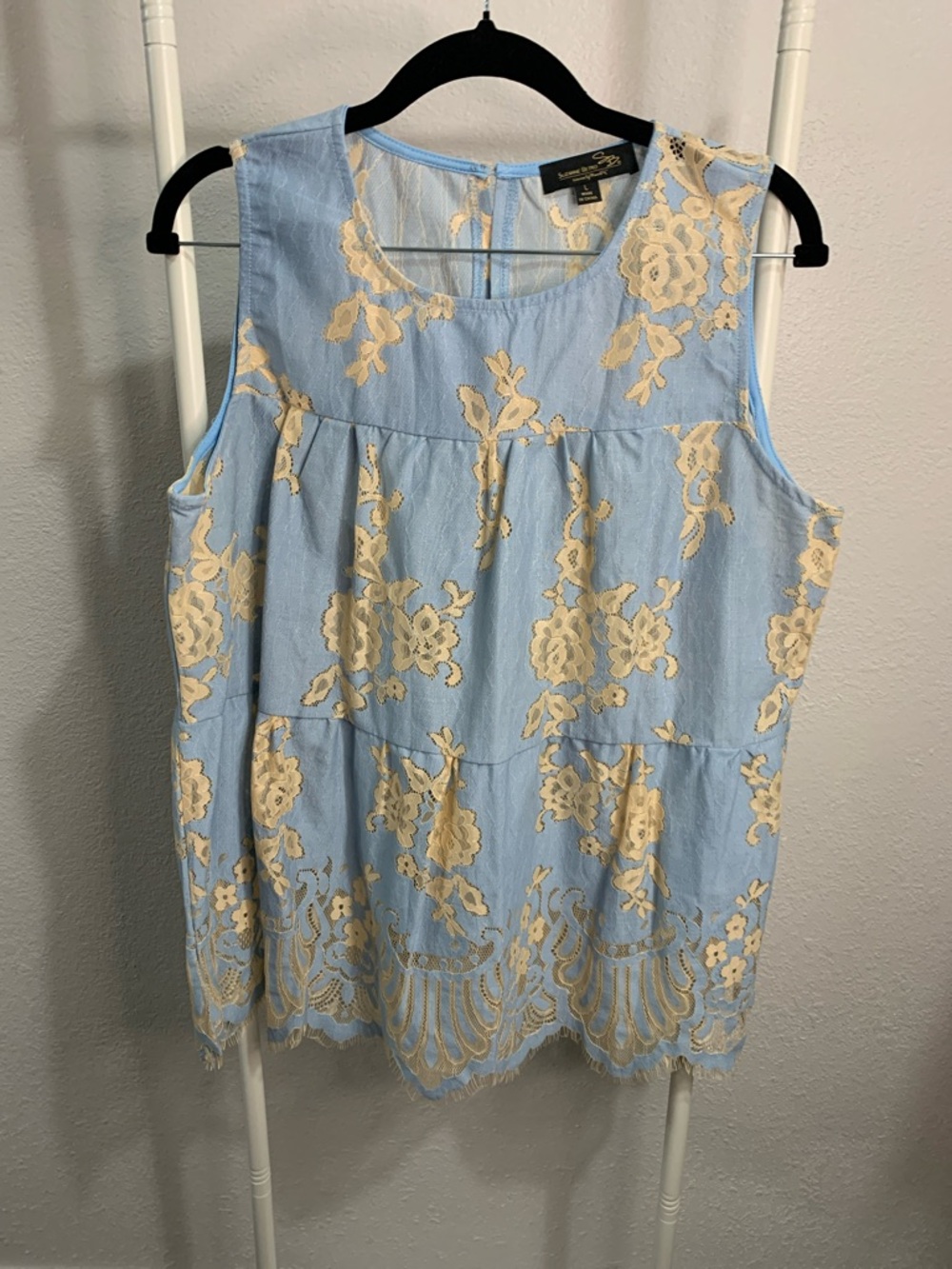 Suzanne Betro Light Blue Tank with Cream Lace Floral Overlay